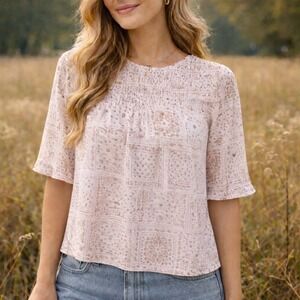 Olivia & Martin Women's Paisley Smocked Top XL New White Brown 3/4 Sleeve Casual